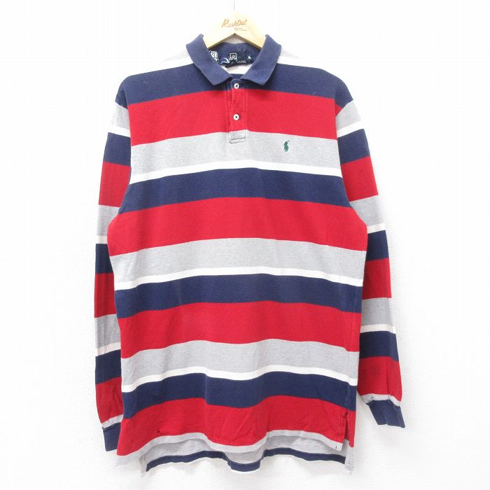 【中古】古着 ラルフローレン Ralph Lauren 長袖 ブランド ポロシャツ メンズ 90年代 90s ワンポイントロゴ 鹿の子 コットン USA製 アメリカ製 紺他 ネイビー ボーダー 【spe】 Lサイズ 中古 トップス | 春夏 春物 春服 秋冬 秋物 秋服 カジュアルシャツ メン 5OF