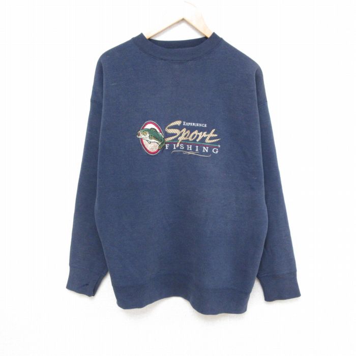 乐天商城 - 【中古】古着 長袖スウェット メンズ 90年代 90s 魚 刺繍 クルーネック 丸首 紺 ネイビー Lサイズ 中古 スエット トレーナー トップス | 春夏 春物 春服 秋冬 秋物 秋服 メンズファッション カジュアル おしゃれ ファッション