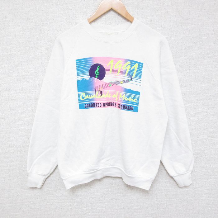 【中古】古着 フルーツオブザルーム 90s 90年代 長袖スウェット メンズ トレーナー ホワイト 白 Mサイズ 音符プリント アメカジ ストリ..