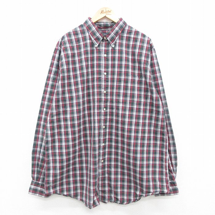 【中古】古着 ランズエンド 長袖 ブランドシャツ メンズ 00年代 00s 大きいサイズ 2L LL ビッグシルエット ゆったり ビッグサイズ オーバーサイズ ロング丈 コットン ボタンダウン エンジ他 チェック XLサイズ 中古 トップス | 春夏 春物 春服 秋冬 秋物 秋服