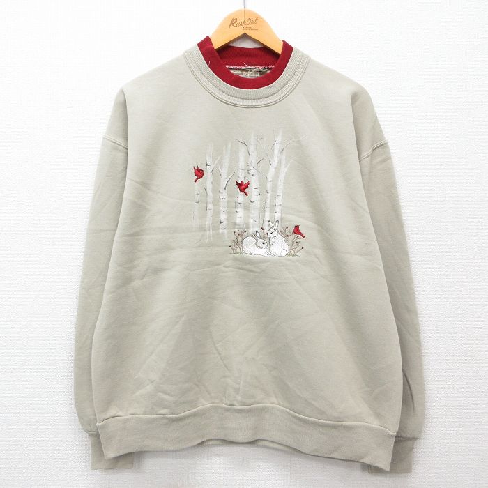 【中古】古着 長袖スウェット メンズ 00年代 00s ウサギ 鳥 モックネック ハイネック ベージュ系他 カーキ XLサイズ 中古 スエット トレーナー トップス | 春夏 春物 春服 秋冬 秋物 秋服 メンズファッション カジュアル おしゃれ ファッション 5OF