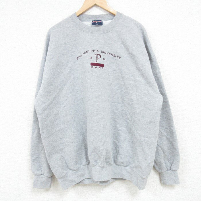 【中古】古着 ジャンスポーツ 長袖スウェット メンズ 00年代 00s フィラデルフィア 大学 刺繍 大きいサイズ 2L LL ビッグシルエット ゆったり ビッグサイズ オーバーサイズ クルーネック 丸首 グレー 霜降り XLサイズ 中古 スエット トレーナー トップス | 春