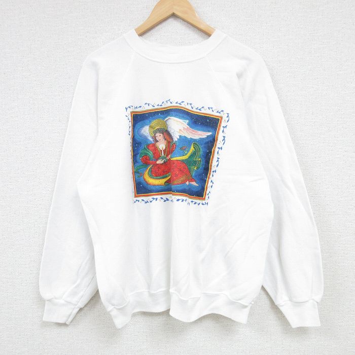 【中古】古着 ヘインズ 90s 長袖スウェット トレーナー メンズ Lサイズ 白 USA製 ラグラン クルーネック アートプリント アメカジ ストリート カジュアル きれいめ ヴィンテージ【spe】 5OF