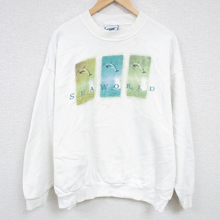 【中古】古着 リー Lee 長袖スウェット メンズ 00年代 00s イルカ 大きいサイズ 2L LL ビッグシルエット ゆったり ビッグサイズ オーバーサイズ クルーネック 丸首 白 ホワイト XLサイズ 中古 スエット トレーナー トップス | 春夏 春物 春服 秋冬 秋物 秋服 2OF