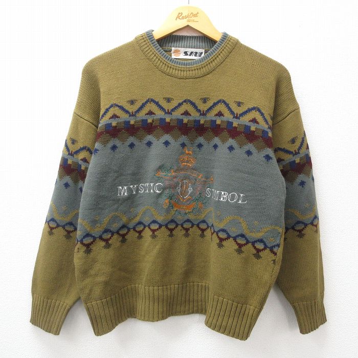 乐天商城 - 【中古】古着 長袖 セーター メンズ 90年代 90s シンボル 刺繍 緑他 グリーン Mサイズ 中古 ニット トップス | 春夏 春物 春服 秋冬 秋物 秋服 メンズファッション カジュアル おしゃれ ファッション