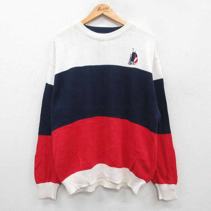 【中古】古着 長袖 セーター メンズ 90年代 90s ヨット マルチカラー 大きいサイズ 2L LL ビッグシルエ..