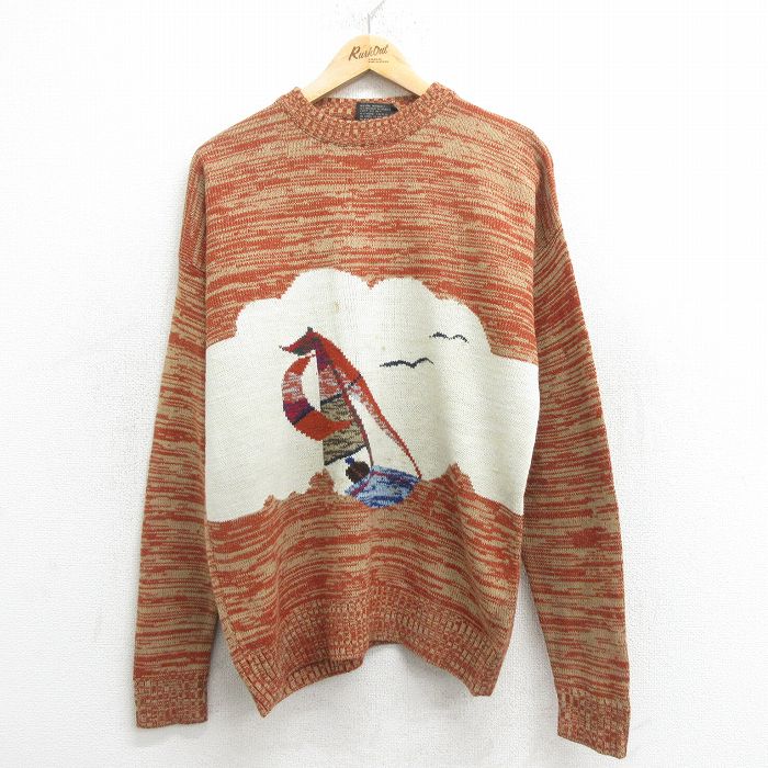 【中古】古着 長袖 セーター メンズ 80年代 80s ヨット アクリル クルーネック 丸首 エンジ Lサイズ 中..