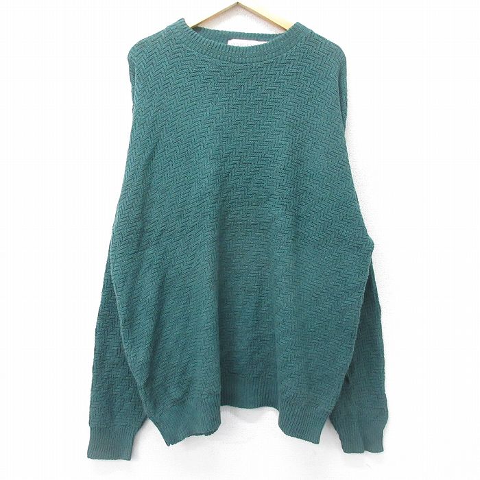 Crew Neck - 【中古】古着 90s 長袖セーター 手織り メンズ グリーン XLサイズ 90年代 ニット ヴィンテージ ケーブル編み アメカジ ストリート カジュアル きれいめ ヴィンテージ レトロ