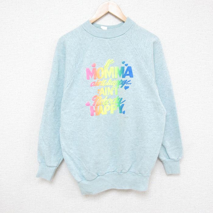 【中古】古着 長袖スウェット メンズ 80年代 80s HAPPY ラグラン モックネック ハイネック USA製 アメリカ製 水色 霜降り Lサイズ 中古 スエット トレーナー トップス | 春夏 春物 春服 秋冬 秋物 秋服 メンズファッション カジュアル おしゃれ ファッション