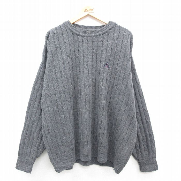 【中古】古着 IZOD 長袖 ケーブル　セーター メンズ 90年代 90s ワンポイントロゴ 大きいサイズ 2L LL ビッグシルエット ゆったり ビッグサイズ オーバーサイズ コットン クルーネック 丸首 USA製 アメリカ製 グレー XLサイズ 中古 ニット トップス | 春夏 春