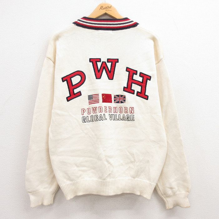 【中古】古着 パウダーホーン 長袖 セーター メンズ 00年代 00s PMH 星条旗 ユニオンジャック 刺繍 コットン Vネック 生成り Mサイズ 中古 ニット トップス | 春夏 春物 春服 秋冬 秋物 秋服 メンズファッション カジュアル おしゃれ ファッション 5OF