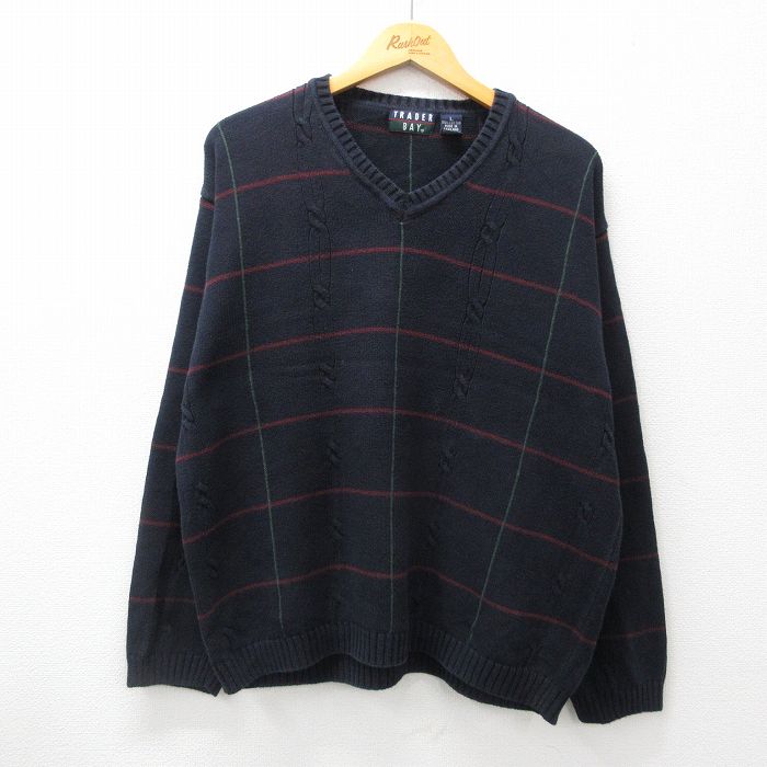 【中古】古着 長袖 ケーブル セーター メンズ 00年代 00s コットン Vネック 紺系他 ネイビー チェック Lサイズ 中古 ニット トップス | 春夏 春物 春服 秋冬 秋物 秋服 メンズファッション カジュアル おしゃれ ファッション 5OF