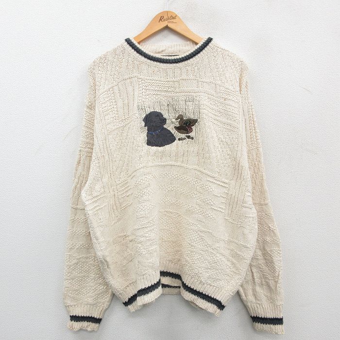 Crew Neck - 【中古】古着 長袖 セーター メンズ 90年代 90s 犬 カモ 刺繍 大きいサイズ 2L LL ビッグシルエット ゆったり ビッグサイズ オーバーサイズ コットン クルーネック 丸首 USA製 アメリカ製 生成り XLサイズ 中古 ニット トップス | 春夏 春物 春服 秋冬 秋物