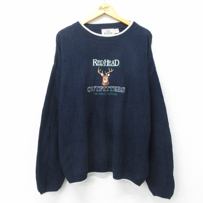 Crew Neck - 【中古】古着 レッドヘッド 90s 長袖セーター メンズ 90年代 シカ刺繍 紺 USA製 2Lサイズ コットン クルーネック ニット アメカジ ストリート カジュアル きれいめ ヴィンテージ