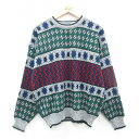 【中古】古着 バンヒューセン 長袖 セーター メンズ 90年代 90s アーガイル アクリル クルーネック 丸首 グレー他 霜降り XLサイズ 中古 ニット ト...