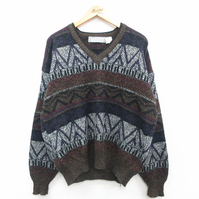 【中古】古着 長袖 セーター メンズ 90年代 90s 大きいサイズ 2L LL ビッグシルエット ゆったり ビッグサイズ オーバーサイズ アクリル Vネック 茶他 ブラウン XLサイズ 中古 ニット トップス | 春夏 春物 春服 秋冬 秋物 秋服 メンズファッション カジュアル おしゃれ 5OF