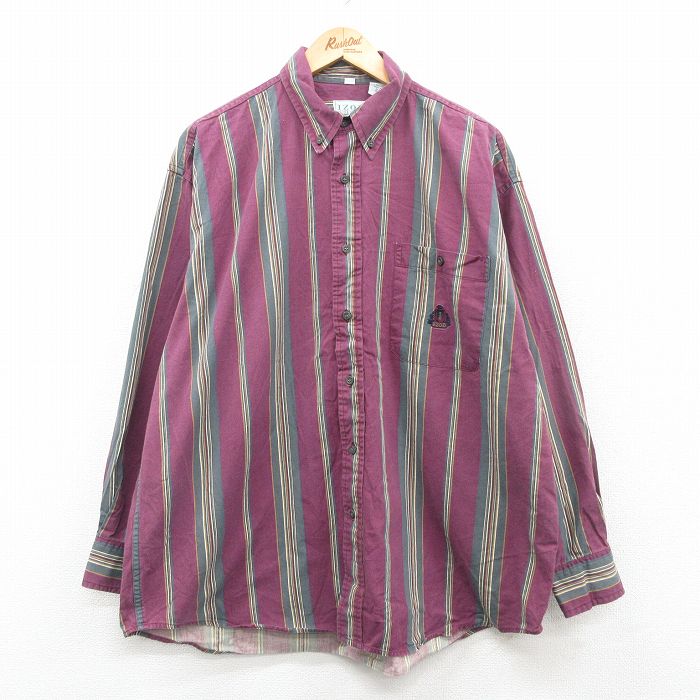 乐天商城 - 【中古】古着 IZOD 長袖 ブランドシャツ メンズ 90年代 90s ワンポイントロゴ 大きいサイズ 2L LL ビッグシルエット ゆったり ビッグサイズ オーバーサイズ コットン ボタンダウン エンジ他 ストライプ XLサイズ 中古 トップス | 春夏 春物 春服 秋冬 秋物 秋服 カジュ