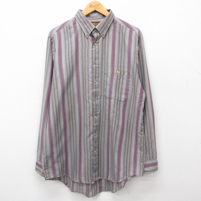 樂天商城 - 【中古】古着 長袖シャツ メンズ 00年代 00s ロング丈 ボタンダウン グレー他 ストライプ XLサイズ 中古 トップス | 春夏 春物 春服 秋冬 秋物 秋服 カジュアルシャツ メンズファッション 長袖シャツ おしゃれ カジュアル