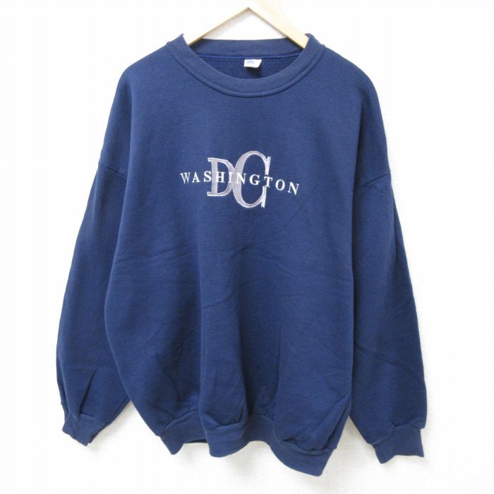 【中古】古着 長袖スウェット メンズ 00年代 00s ワシントンDC 刺繍 大きいサイズ 2L LL ビッグシルエット ゆったり ビッグサイズ オーバーサイズ コットン クルーネック 丸首 USA製 アメリカ製 紺 ネイビー XLサイズ 中古 スエット トレーナー トップス | 春夏 春物 2OF