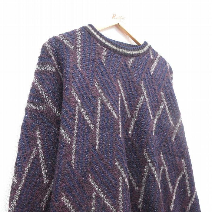 【中古】古着 長袖 セーター メンズ 90年代 90s クルーネック 丸首 イタリア製 紫他 パープル XLサイズ 中古 ニット トップス | 春夏 春物 春服 秋冬 秋物 秋服 メンズファッション カジュアル おしゃれ ファッション