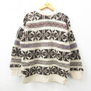 【中古】古着 長袖 セーター メンズ 90年代 90s 雪柄 手織り ハンドメイド ウール クルーネック 丸首 エクアドル製 ベージュ他 カーキ Mサイズ 中古...