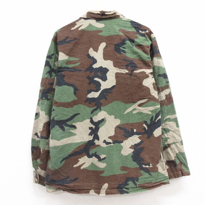 【中古】古着 長袖 ミリタリージャケット メンズ 90年代 90s リップストップ ウッドランドカモ コットン 開襟 オープンカラー USA製 アメリカ製 緑他 グリーン 迷彩 Lサイズ 中古 アウター フライト 中古メンズアウターフライトヴィンテージ 2OF