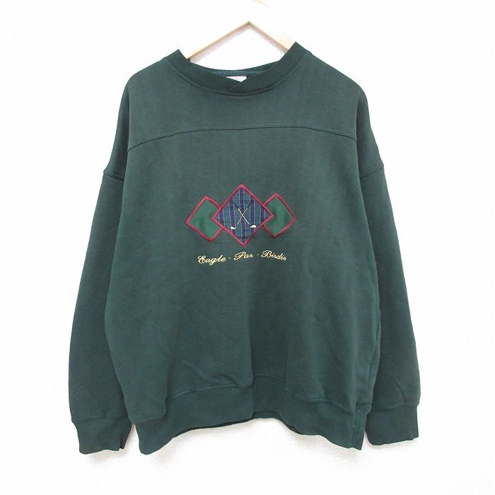 乐天商城 - 【中古】古着 長袖スウェット メンズ 00年代 00s ゴルフクラブ 刺繍 大きいサイズ 2L LL ビッグシルエット ゆったり ビッグサイズ オーバーサイズ クルーネック 丸首 緑 グリーン XLサイズ 中古 スエット トレーナー トップス | 春夏 春物 春服 秋冬 秋物 秋服 メンズ