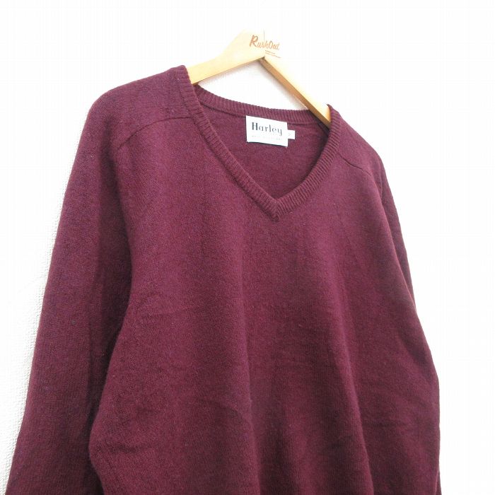 【中古】古着 長袖 セーター メンズ 無地 メリノウール ラグラン Vネック スコットランド製 エンジ Lサイズ 中古 ニット トップス | 春夏 春物 春服 秋冬 秋物 秋服 メンズファッション カジュアル おしゃれ ファッション