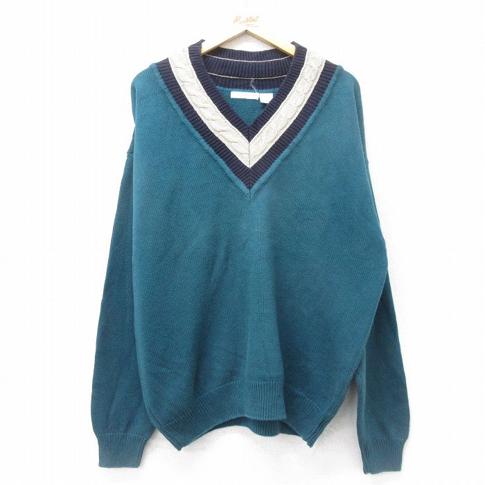 【中古】古着 長袖 チルデン セーター メンズ 00年代 00s 大きいサイズ 2L LL ビッグシルエット ゆったり ビッグサイズ オーバーサイズ コットン Vネック 緑系他 グリーン XLサイズ 中古 ニット トップス | 春夏 春物 春服 秋冬 秋物 秋服 メンズファッション カジュア