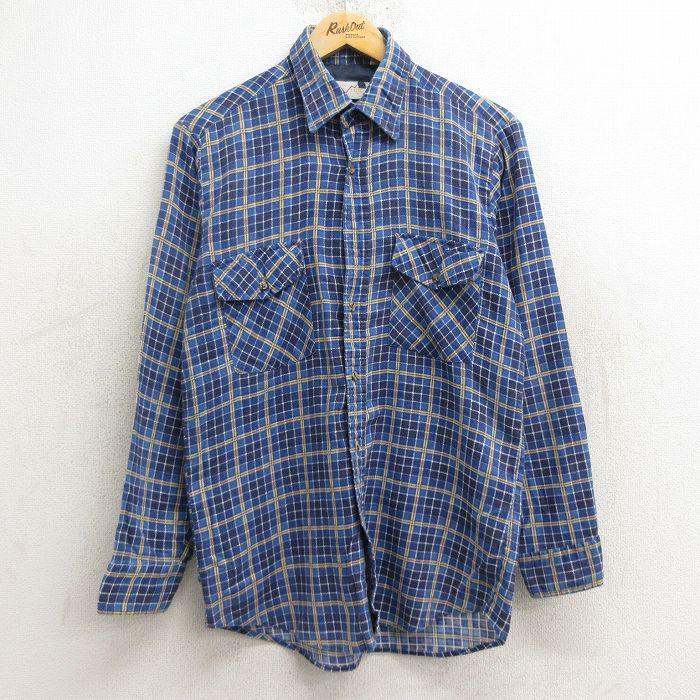 乐天商城 - 【中古】古着 長袖 フランネルシャツ メンズ 80年代 80s 紺他 ネイビー チェック Sサイズ 小さいサイズ 中古 トップス | 秋冬 秋物 秋服 冬物 冬服 カジュアルシャツ メンズファッション 長袖シャツ おしゃれ カジュアル