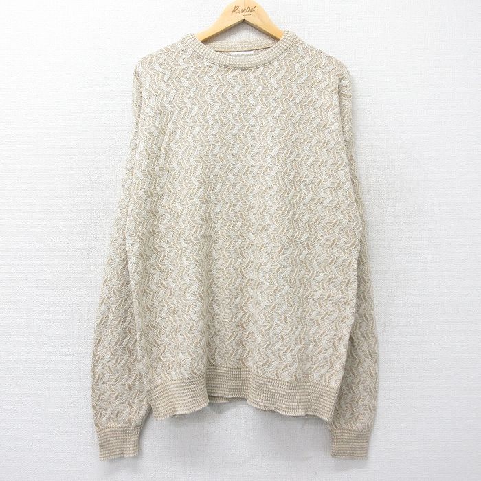 【中古】古着 長袖 セーター メンズ 90年代 90s クルーネック 丸首 USA製 アメリカ製 薄ベージュ他 カーキ Lサイズ 中古 ニット トップス | 春夏 春物 春服 秋冬 秋物 秋服 メンズファッション カジュアル おしゃれ ファッション