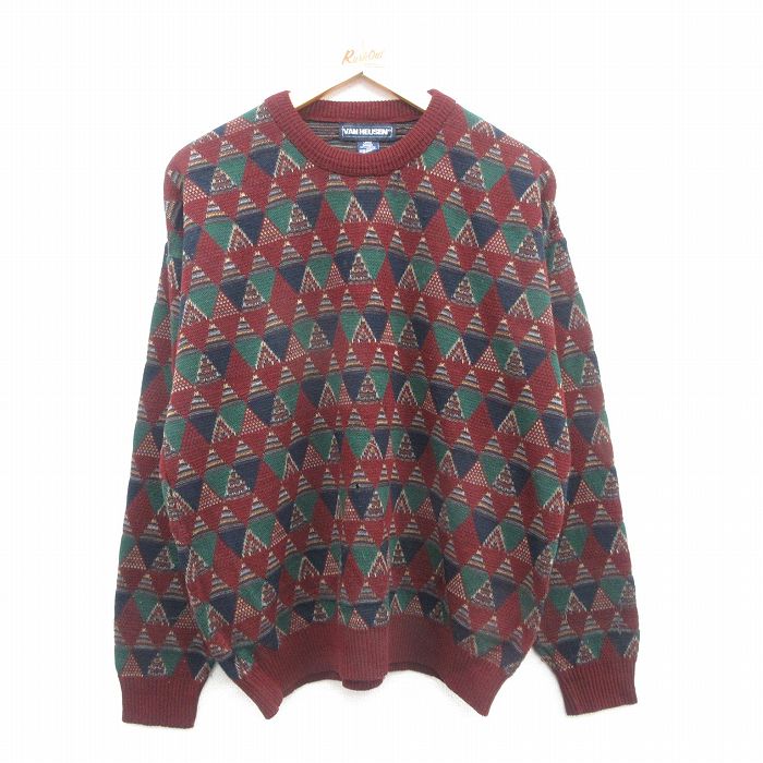 【中古】古着 バンヒューセン 長袖 セーター メンズ 90年代 90s アクリル クルーネック 丸首 エンジ他 XLサイズ 中古 ニット トップス | 春夏 春...