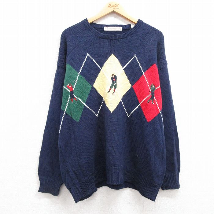 【中古】古着 長袖 セーター メンズ 90年代 90s ゴルフ 刺繍 コットン クルーネック 丸首 紺 ネイビー XLサイズ 中古 ニット トップス ..