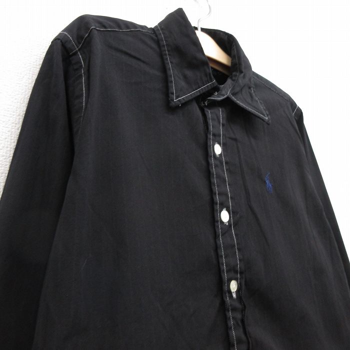 【中古】古着 ラルフローレン Ralph Lauren スポーツ 長袖シャツ キッズ ボーイズ 黒 ブラック ストライプ ボタンダウン ワンポイントロゴ コットン アメカジ 24oct22 2