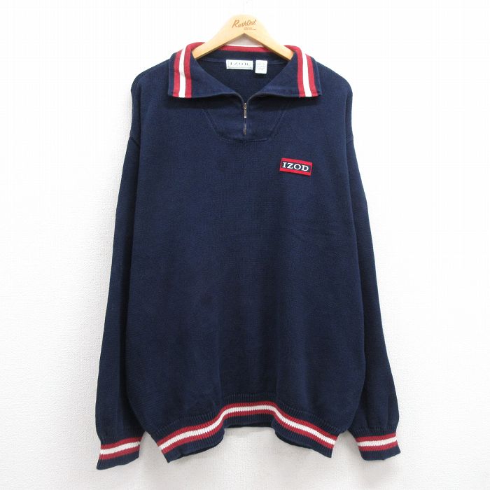 乐天商城 - 【中古】古着 IZOD 長袖 ハーフジップ セーター メンズ 90年代 90s 大きいサイズ 2L LL ビッグシルエット ゆったり ビッグサイズ オーバーサイズ コットン 紺 ネイビー XLサイズ 中古 ニット トップス | 春夏 春物 春服 秋冬 秋物 秋服 メンズファッション カジュアル