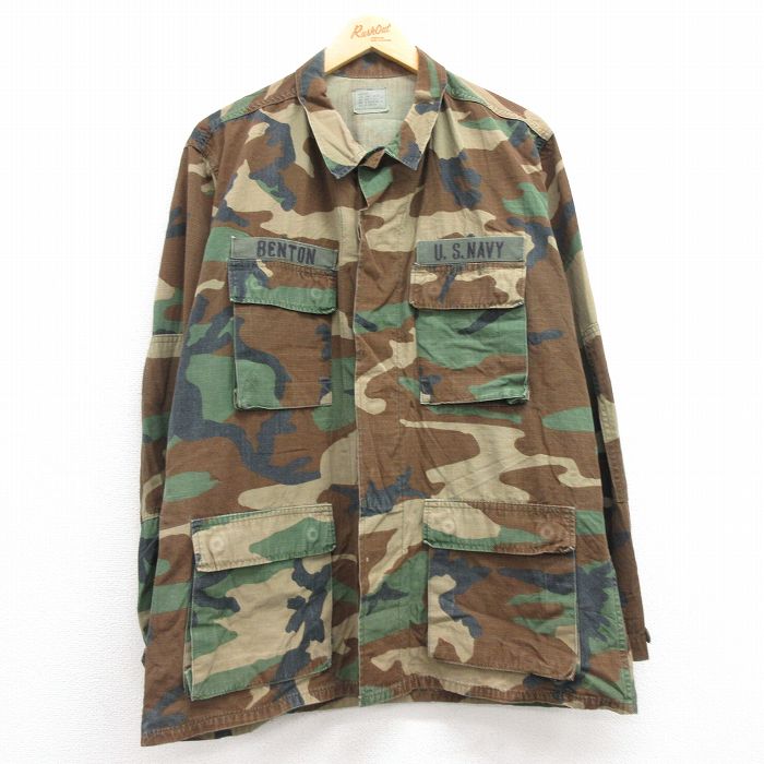 【中古】古着 長袖 ミリタリージャケット メンズ 80年代 80s USネイビー コンバット リップストップ ウッドランドカモ コットン USA製 アメリカ製 緑 グリーン 迷彩 Lサイズ 中古 アウター フライト