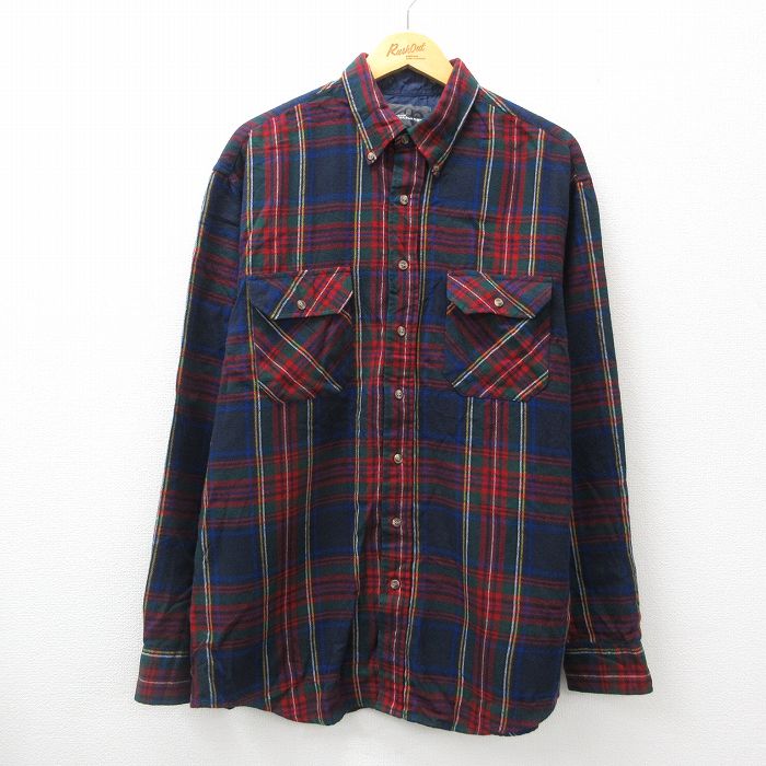 【中古】古着 長袖シャツ メンズ 00年代 00s ロング丈 ボタンダウン 紺他 ネイビー チェック XLサイズ 中古 トップス | 春夏 春物 春服 秋冬 秋物 秋服 カジュアルシャツ メンズファッション 長袖シャツ おしゃれ カジュアル