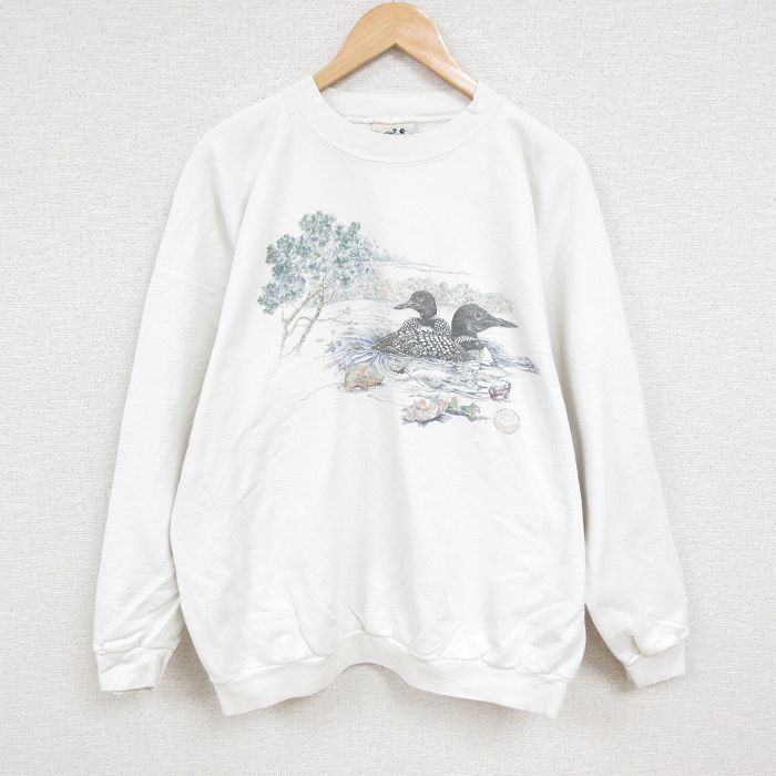 【中古】古着 長袖スウェット メンズ 00年代 00s 鳥 ラグラン クルーネック 丸首 白 ホワイト XLサイズ 中古 スエット トレーナー トップス | 春夏 春物 春服 秋冬 秋物 秋服 メンズファッション カジュアル おしゃれ ファッション
