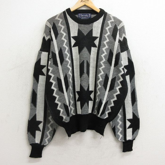 Rakuten - 【中古】古着 長袖 セーター メンズ 90年代 90s 大きいサイズ 2L LL ビッグシルエット ゆったり ビッグサイズ オーバーサイズ アクリル クルーネック 丸首 黒他 ブラック XLサイズ 中古 ニット トップス | 春夏 春物 春服 秋冬 秋物 秋服 メンズファッション カジュア