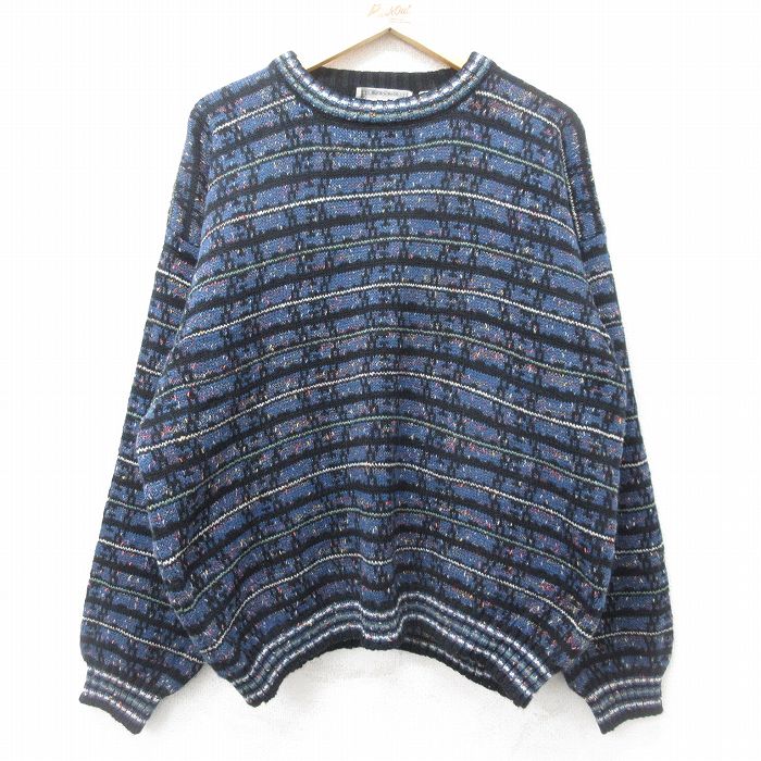 【中古】古着 長袖 セーター メンズ 90年代 90s 大きいサイズ 2L LL ビッグシルエット ゆったり ビッグサイズ オーバーサイズ アクリル クルーネック 丸首 紺他 ネイビー XLサイズ 中古 ニット トップス | 春夏 春物 春服 秋冬 秋物 秋服 メンズファッション カジュア