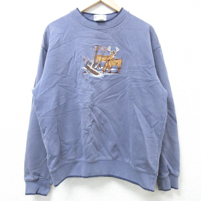 【中古】古着 長袖スウェット メンズ 00年代 00s シカ 刺繍 クルーネック 丸首 薄紺 ネイビー Mサイズ 中古 スエット トレーナー トッ..