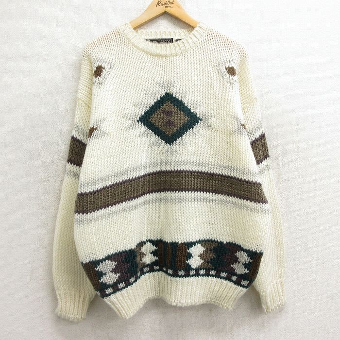樂天商城 - 【中古】古着 ビューグルボーイ 長袖 セーター メンズ 90年代 90s ネイティブ柄 ラグ柄 クルーネック 丸首 生成り 【spe】 Lサイズ 中古 ニット トップス | 春夏 春物 春服 秋冬 秋物 秋服 メンズファッション カジュアル おしゃれ ファッション