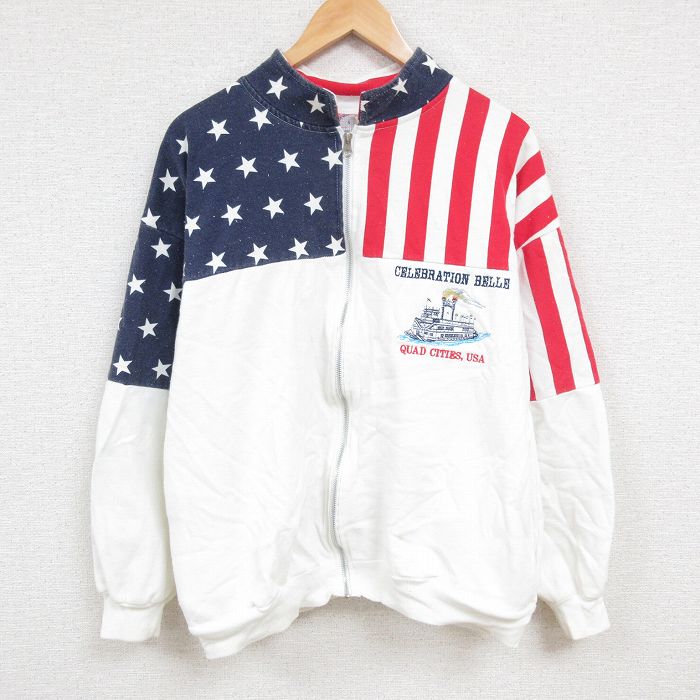 【中古】古着 長袖 フルジップスウェット メンズ 90年代 90s クアッドシティーズ マルチカラー USA製 アメリカ製 白他 ホワイト XLサイズ 中古 スエット トレーナー トップス 春夏 春物 春服 秋冬 秋物 秋服 メンズファッション カジュアル おしゃれ ファッショ