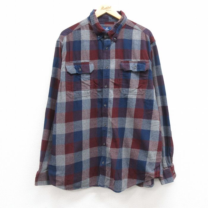 【中古】古着 長袖 フランネルシャツ メンズ 大きいサイズ 2L LL ビッグシルエット ゆったり ビッグサイズ オーバーサイズ ロング丈 コットン ボタンダウン 紺他 ネイビー チェック XLサイズ 中古 トップス | 秋冬 秋物 秋服 冬物 冬服 カジュアルシャツ メンズフ