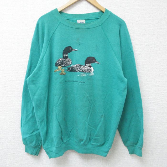 【中古】古着 ヘインズ Hanes 長袖スウェット メンズ 80年代 80s カモ ラグラン クルーネック 丸首 USA製 アメリカ製 緑 グリーン XLサイズ 中古 スエット トレーナー トップス | 春夏 春物 春服 秋冬 秋物 秋服 メンズファッション カジュアル おしゃれ ファッシ 2OF