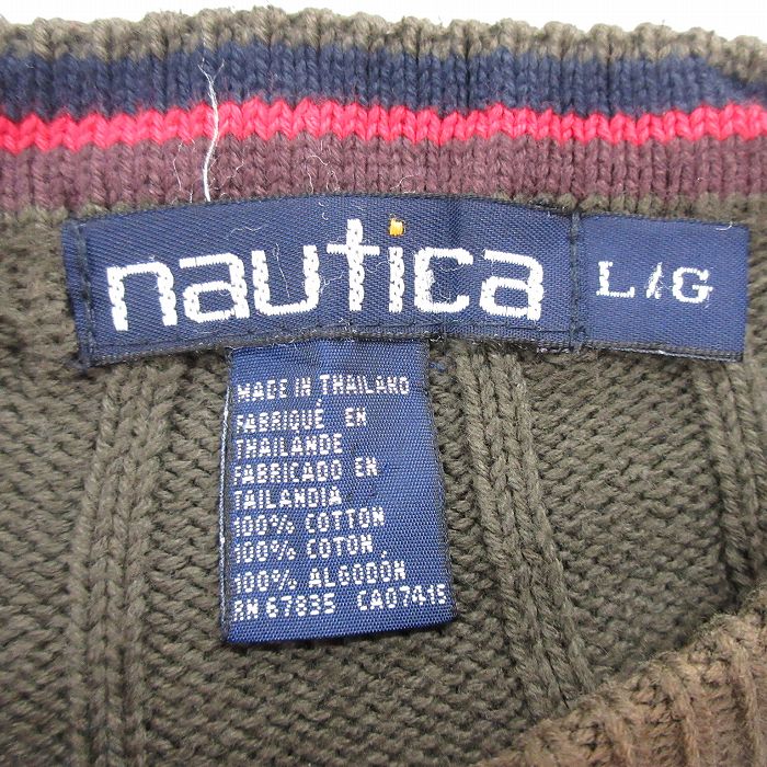【中古】古着 ノーティカ NAUTICA 長袖 ブランド セーター メンズ 90年代 90s ワンポイントロゴ 大きいサイズ 2L LL ビッグシルエット ゆったり ビッグサイズ オーバーサイズ コットン クルーネック 丸首 濃緑 グリーン XLサイズ 中古 ニット トップス | 春夏 春 5OF