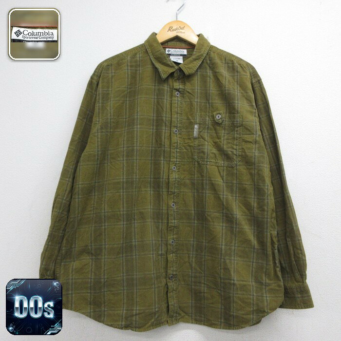 【中古】古着 コロンビア 00s 長袖シャツ メンズ XLサイズ カーキ チェック 胸ポケット アメカジ ストリート カジュアル きれいめ ヴィンテージ レトロ オールド