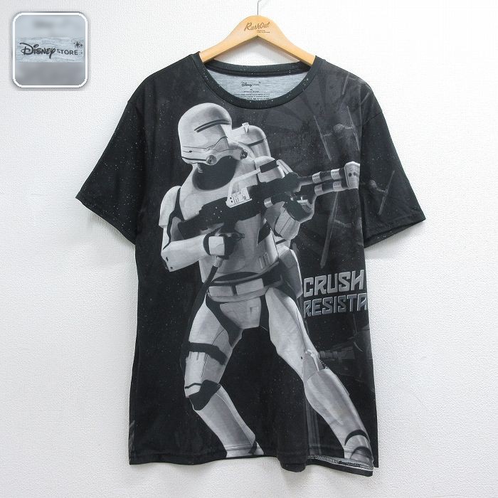 【中古】古着 半袖 Tシャツ メンズ 映画 スターウォーズ ファーストオーダー フレイムトルーパー 全面プリント 大きいサイズ クルーネック ブラック 26jul15