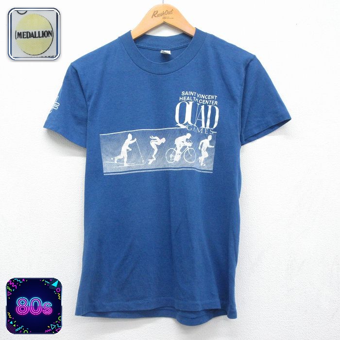 【中古】古着 80s 半袖Tシャツ メンズ ブルー QUAD GAMES Sサイズ相当 レトロ ゲーム プリント ストリート カジュアル アメカジ きれいめ ヴィンテージ オールド