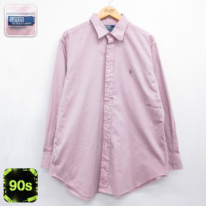 【中古】古着 ラルフローレン 90s 長袖シャツ メンズ XLサイズ ピンク ワンポイントロゴ Ralph Lauren ビジネスカジュアル アメカジ ストリート きれいめ ヴィンテージ
